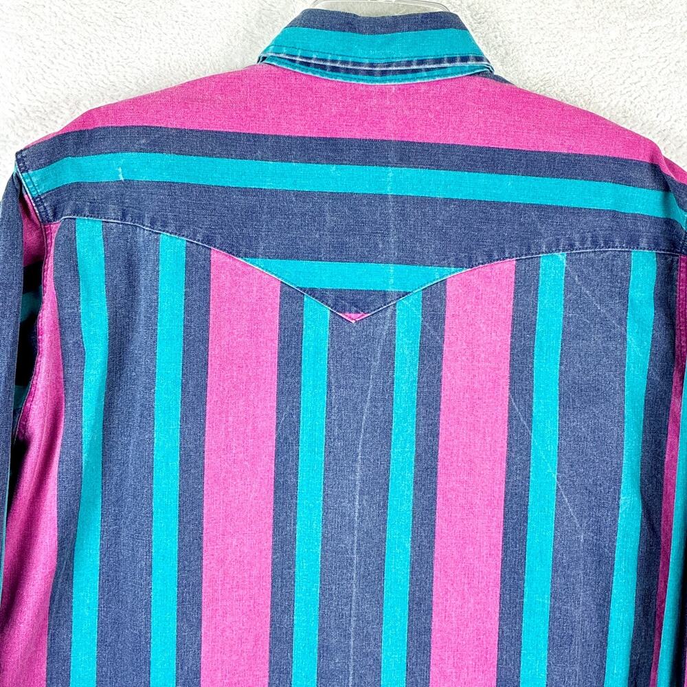 VTG Wrangler Brushpopper Shirt Men XL 17-35 Blue Pink Green Striped Cowboy USA - Picture 6 of 13